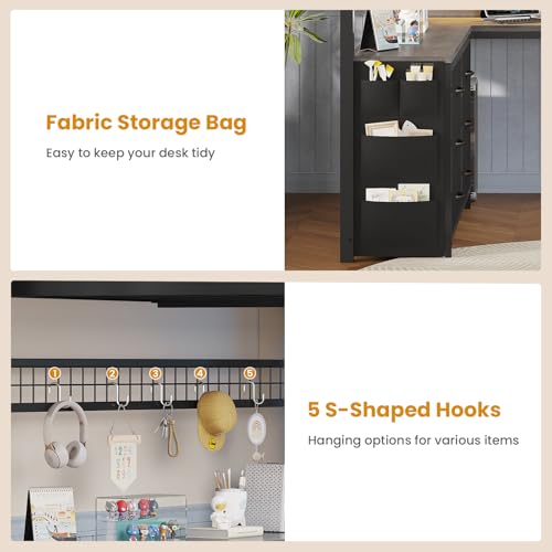 Loft Bed Full Size with U-Shaped Desk, Storage Drawers, Power Outlet, LED, Safety Guardrail & Ladders P611917