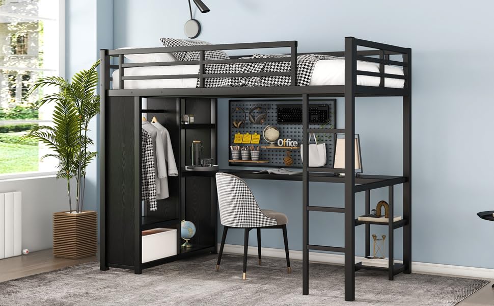 Metal Loft Bed with Wardrobe and L-Shaped Desk, Full Size with Storage Cubes and Shelves J450846