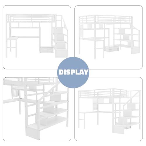 Queen Loft Bed with L-Shaped Desk and Stairs, Metal Frame, Black F92113