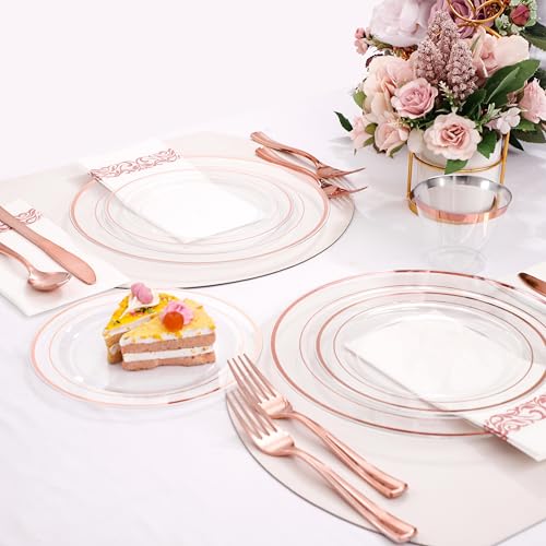 350PCS Clear Gold Plastic Dinnerware Set for 50 Guests, Disposable Plates, Cups & Silverware N692
