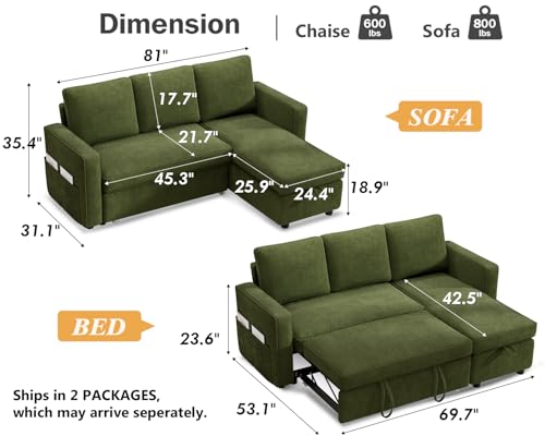 81" Sleeper Sofa Bed with Pull Out Bed, L Shaped Sectional, Chenille Green C110