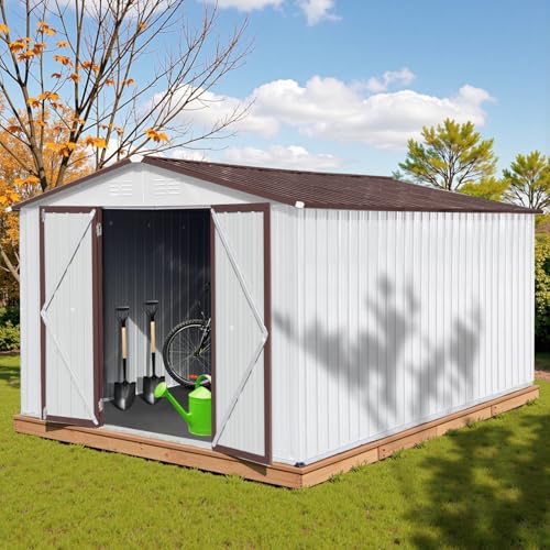 10 x 8 ft Outdoor Storage Shed, Metal Building with Windows and Lockable Doors, Grey Q206