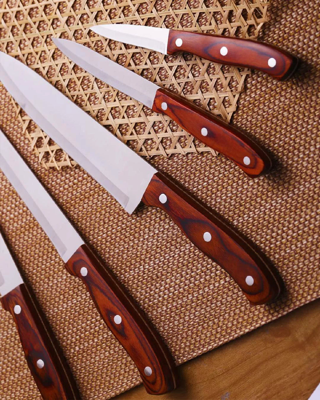 Kitchen Knife Set with Block, 6 Pcs Stainless Steel Wooden Handle A84817
