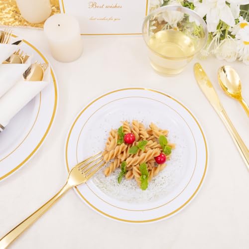350PCS Clear Gold Plastic Dinnerware Set for 50 Guests, Disposable Plates, Cups & Silverware N692