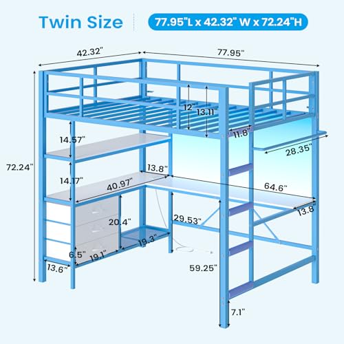 Loft Bed Full Size with L-Shaped Desk and Charging Station G796