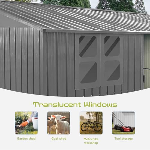 10 x 8 ft Outdoor Storage Shed, Metal Building with Windows and Lockable Doors, Grey Q206