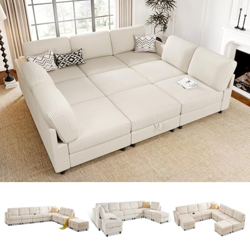 Modular Sectional Sofa Bed with Storage Ottoman, Beige S706