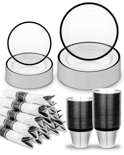 Disposable Plates Set for 50 Guests, Plastic Dinnerware with Cups and Napkins J193