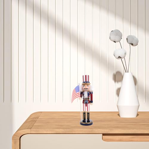 Patriotic Nutcracker Figurines Wooden Soldier Statue with Cane for Independence Day Decoration C859373