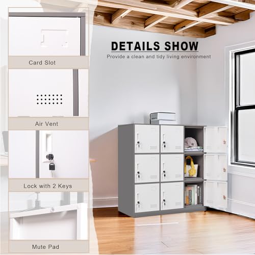 Steel Locker Organizer, 9-Door Locking Cabinet, Grey & White P6906