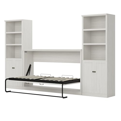 Twin Murphy Bed with Side Cabinets and Bookcase, Foldable Wall Bed for Guest Room, White X864