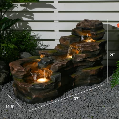37" Outdoor Garden Water Fountain, 5-Tier Rock Waterfall with LED Lights H197