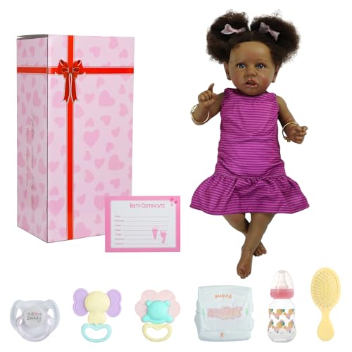 22" Realistic African American Newborn Baby Doll with Two Afro Puffs and Feeding Toys N45735