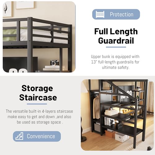 Queen Loft Bed with L-Shaped Desk and Stairs, Metal Frame, Black F92113
