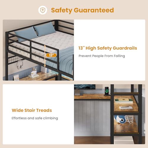 Loft Bed Full Size with U-Shaped Desk, Storage Drawers, Power Outlet, LED, Safety Guardrail & Ladders P611917