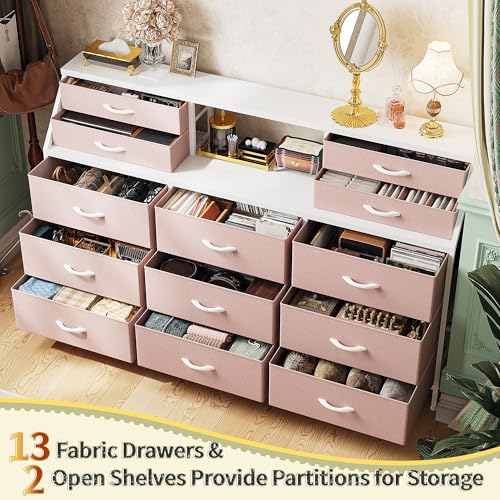 55" Dresser with 13 Fabric Drawers and 2 Open Shelves, Rustic Brown K688