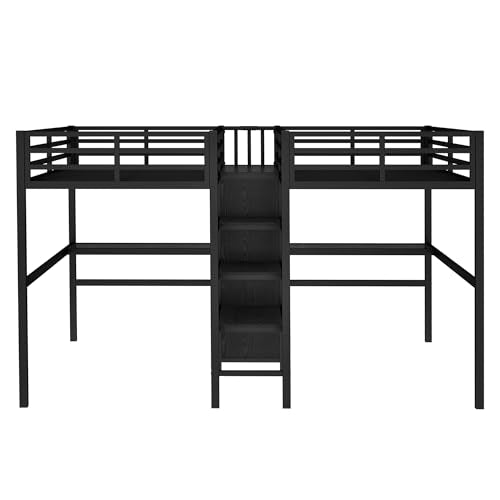 Metal Loft Bed with Wardrobe and L-Shaped Desk, Full Size with Storage Cubes and Shelves J450846