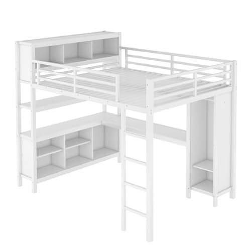 Full Loft Bed with Desk, Storage Shelves, and Wardrobe, Heavy-Duty Frame, Black K6320