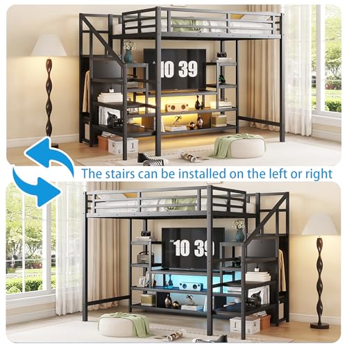 Queen Loft Bed with L-Shaped Desk and Stairs, Metal Frame, Black F92113