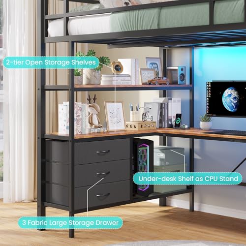 Loft Bed Full Size with L-Shaped Desk and Charging Station G796