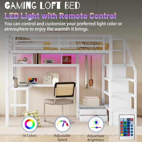 Queen Loft Bed with L-Shaped Desk and Stairs, Metal Frame, Black F92113