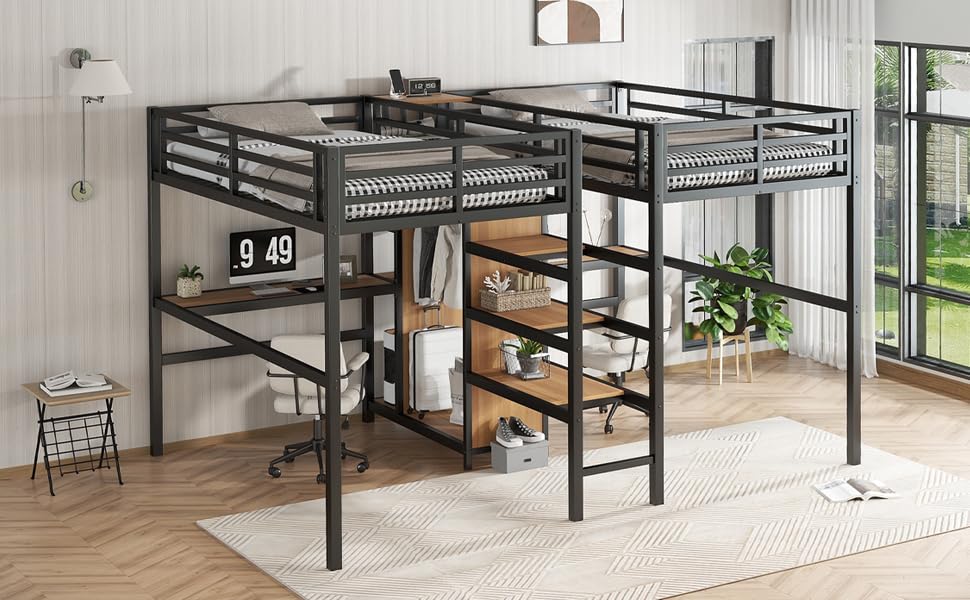 Metal Loft Bed with Wardrobe and L-Shaped Desk, Full Size with Storage Cubes and Shelves J450846