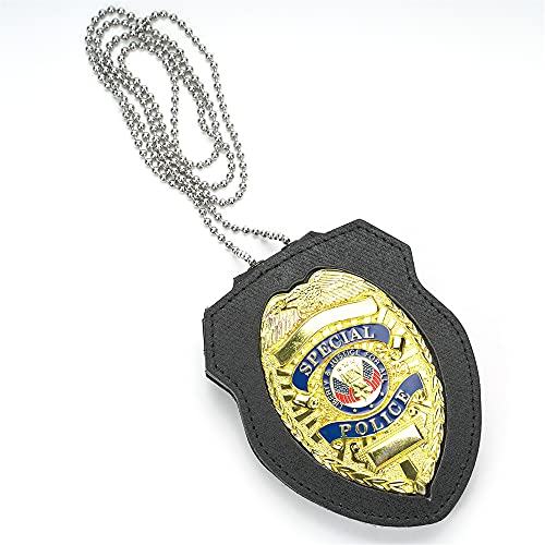 Leather Police Badge Belt Clip Holder with Stainless Steel Chain and Photo Pocket R36225
