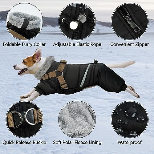 Black Dog Winter Coat with Harness, Reflective Waterproof Jacket for Small Dogs O43201