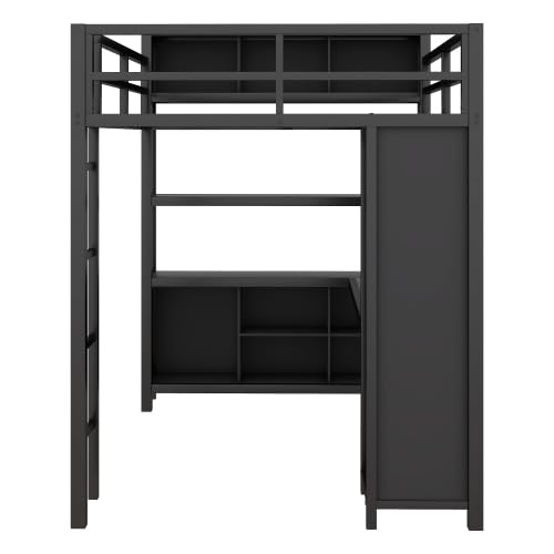 Full Size Loft Bed with Wardrobe and L-Shaped Desk, Metal with Storage Cubes, White Q15057