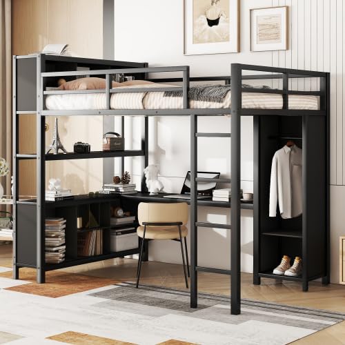 Full Size Loft Bed with Wardrobe and L-Shaped Desk, Metal with Storage Cubes, White Q15057