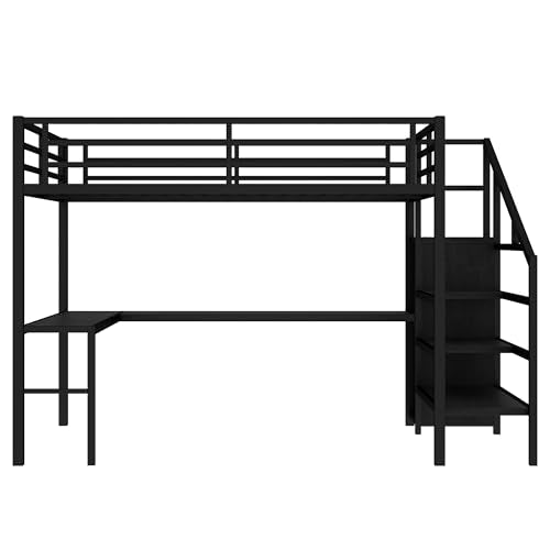 Queen Size Loft Bed with LED Lights, USB Ports and L Shaped Desk T2498