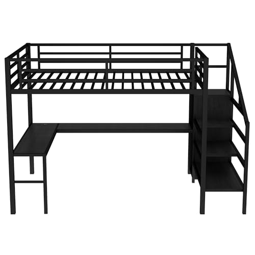 Queen Size Loft Bed with LED Lights, USB Ports and L Shaped Desk T2498
