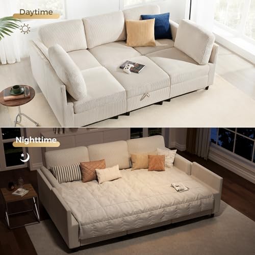 Modular Sectional Sofa Bed with Storage Ottoman, Beige S706