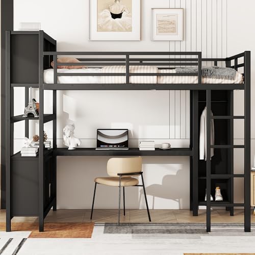 Full Loft Bed with Desk, Storage Shelves, and Wardrobe, Heavy-Duty Frame, Black K6320