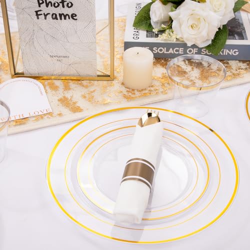 350PCS Clear Gold Plastic Dinnerware Set for 50 Guests, Disposable Plates, Cups & Silverware N692