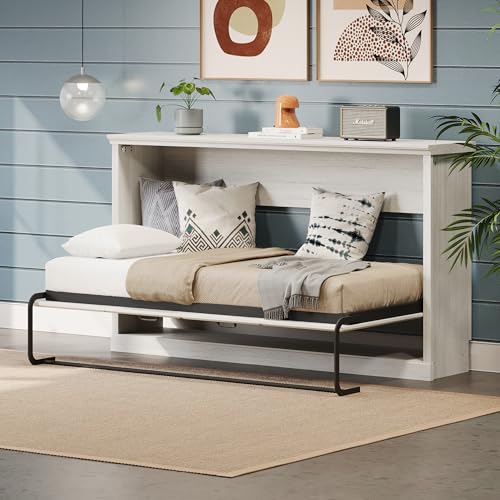 Twin Murphy Bed with Side Cabinets and Bookcase, Foldable Wall Bed for Guest Room, White X864