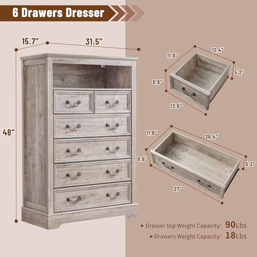6-Drawer Dresser with Charging Station and LED Light, Vintage Gray R907