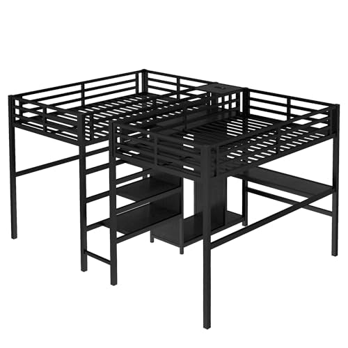 Metal Loft Bed with Wardrobe and L-Shaped Desk, Full Size with Storage Cubes and Shelves J450846