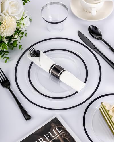 Disposable Plates Set for 50 Guests, Plastic Dinnerware with Cups and Napkins J193