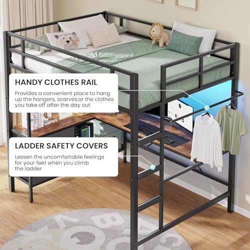 Loft Bed Full Size with L-Shaped Desk and Charging Station G796