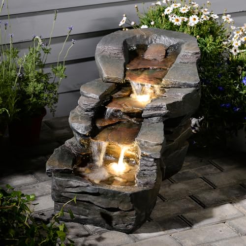 37" Outdoor Garden Water Fountain, 5-Tier Rock Waterfall with LED Lights H197