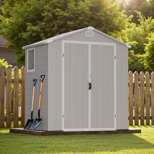 6×8FT Plastic Outdoor Storage Shed with Floor, Lockable Double Door J5369