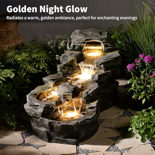 37" Outdoor Garden Water Fountain, 5-Tier Rock Waterfall with LED Lights H197