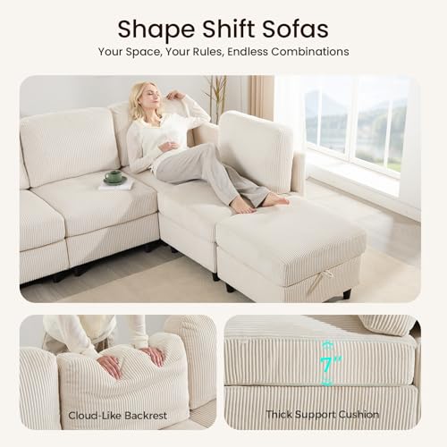 Modular Sectional Sofa Bed with Storage Ottoman, Beige S706