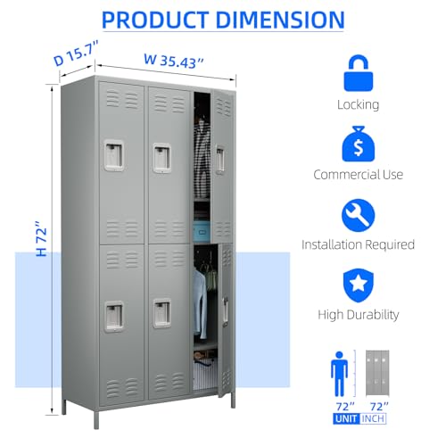 6 Door Metal Storage Locker with 18 Hooks, Black & Dark Grey K6611