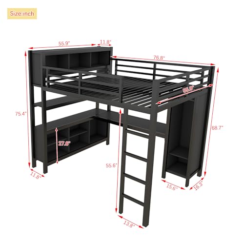 Full Loft Bed with Desk, Storage Shelves, and Wardrobe, Heavy-Duty Frame, Black K6320