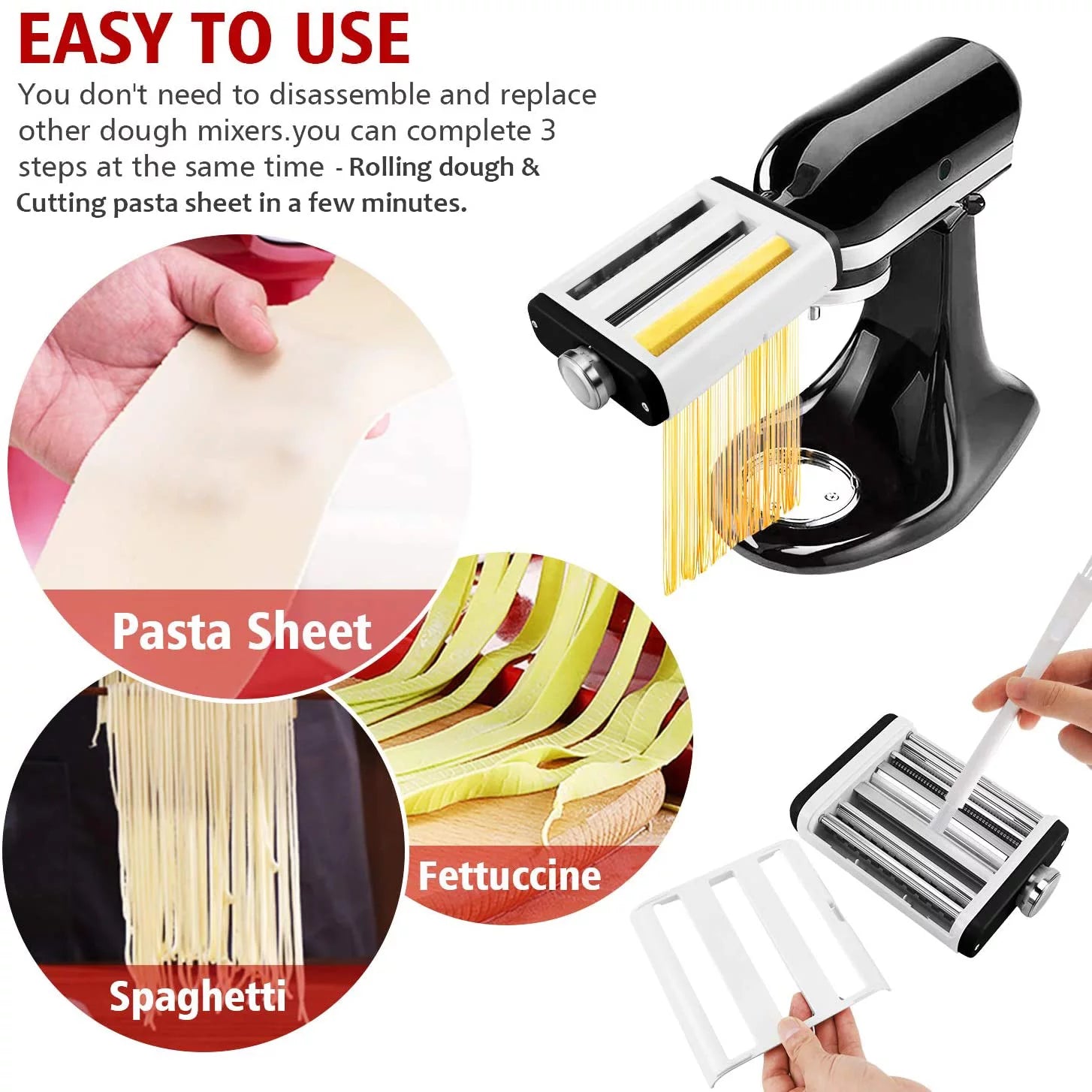 Pasta Maker Attachment for Stand Mixer, 3 in 1 with Roller and Cutters E141