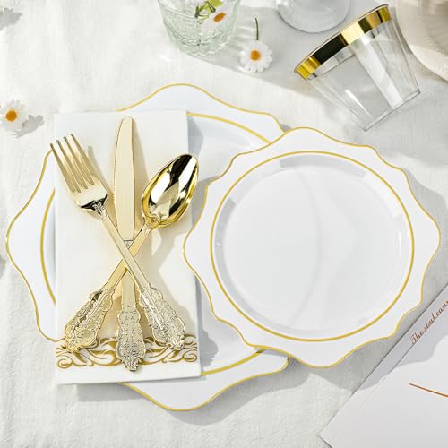 350 PCS Gold Plastic Plates with Cups, Silverware and Napkins for Party L8169