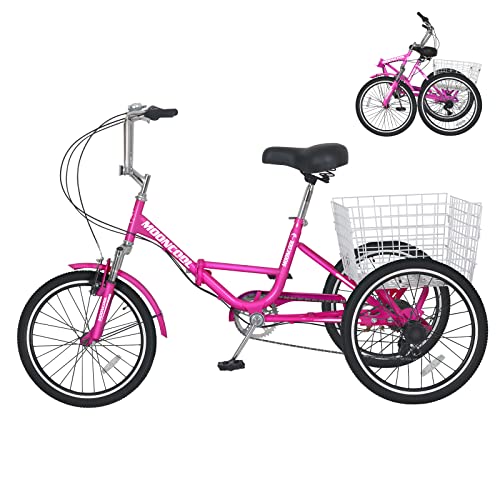 NAIZEA Adult Folding Tricycle Adult Tricycles, 7 Speed 20/24/26 Inch 3 Wheel Bike Cruiser Trike with Large Basket/Low-Step Through, Folding Adult Trikes Foldable Tricycle for Women, Men, Seniors