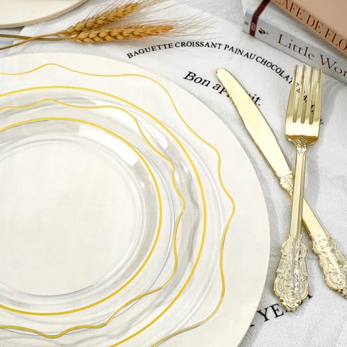350 PCS Gold Plastic Plates with Cups, Silverware and Napkins for Party L8169